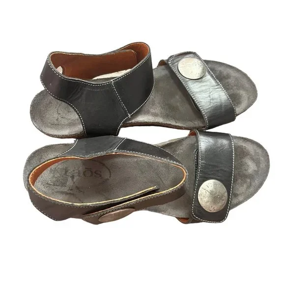 TAOS CAROUSEL 3 WEDGE SANDALS EU 38 US 7 - 7.5 BLACK HEEL SILVER LEATHER SHOE - Picture 7 of 7